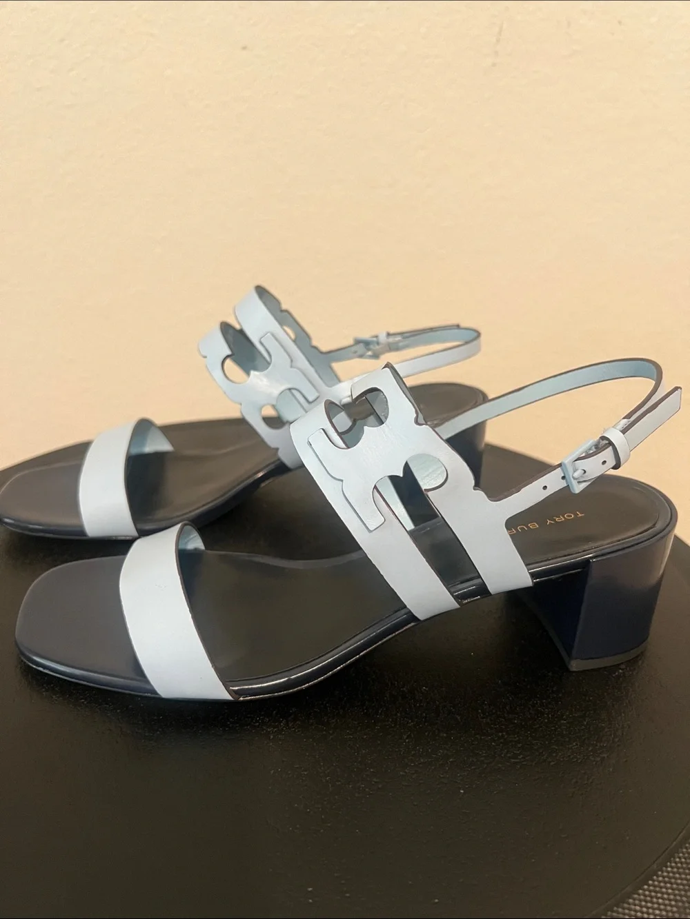 Tory Burch Ines Cage Heel Sandals 50mm Pale Lapis Perfect Navy Size 9 New